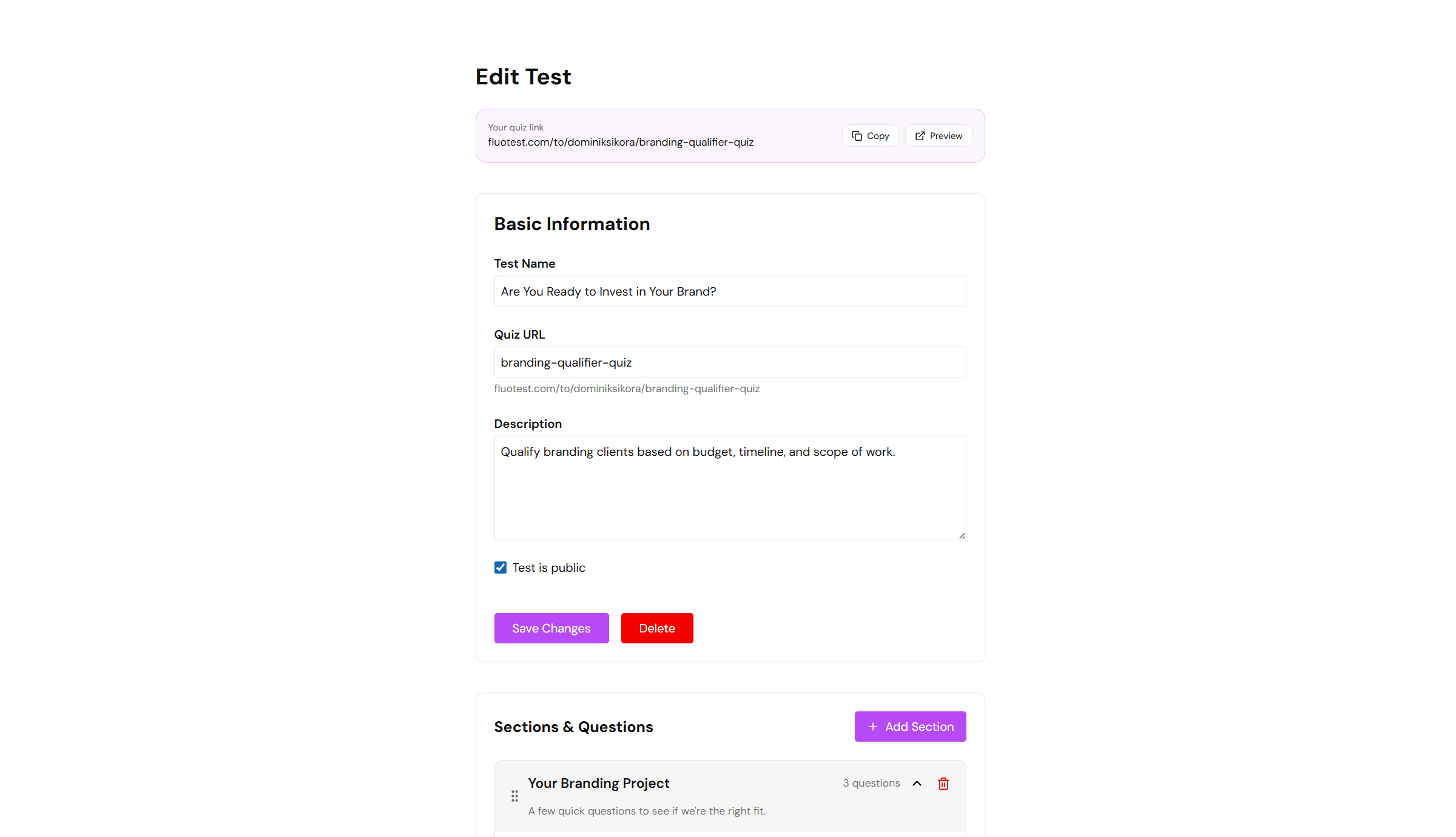 FluoTest quiz builder interface